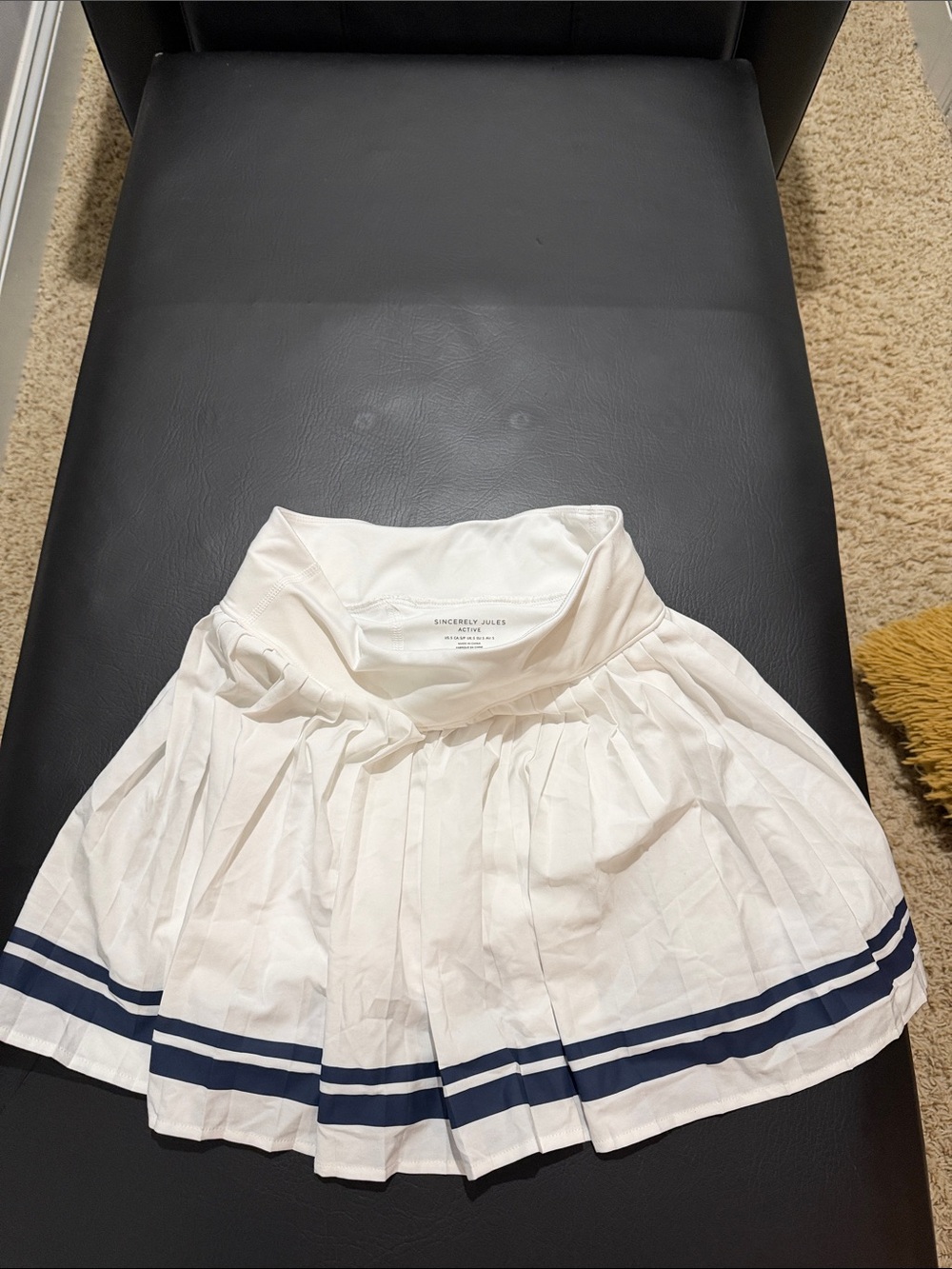 Sincerly Jules White Pleated Skater Skirt with Navy Trim